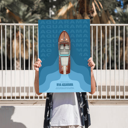 Man holding a Poster with an old wood boat in front of palm trees.