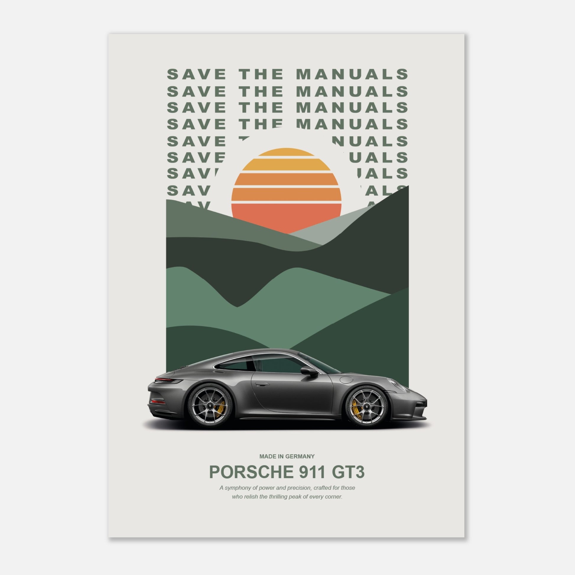 Porsche Poster hanging on a white wall.