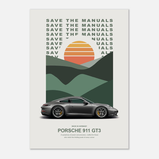 Porsche Poster hanging on a white wall.